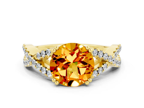 Yellow gold Round Cut Citrine Solitaire Ring with Four-Prong Setting and Twisted Pavé Band