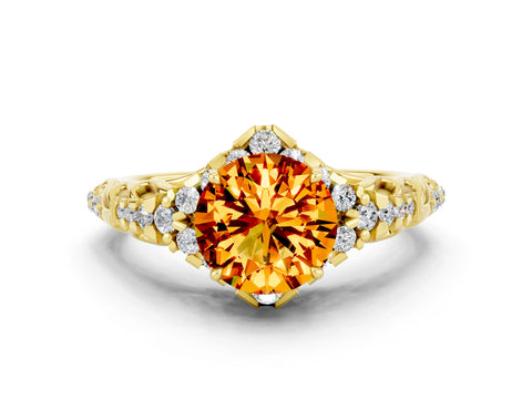 Yellow gold Round Cut Citrine Solitaire Ring with Hidden Halo and Pavé Band_12