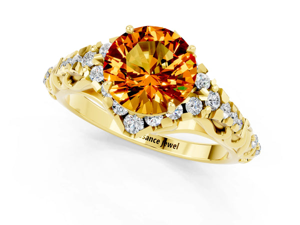 Yellow gold Round Cut Citrine Solitaire Ring with Hidden Halo and Pavé Band