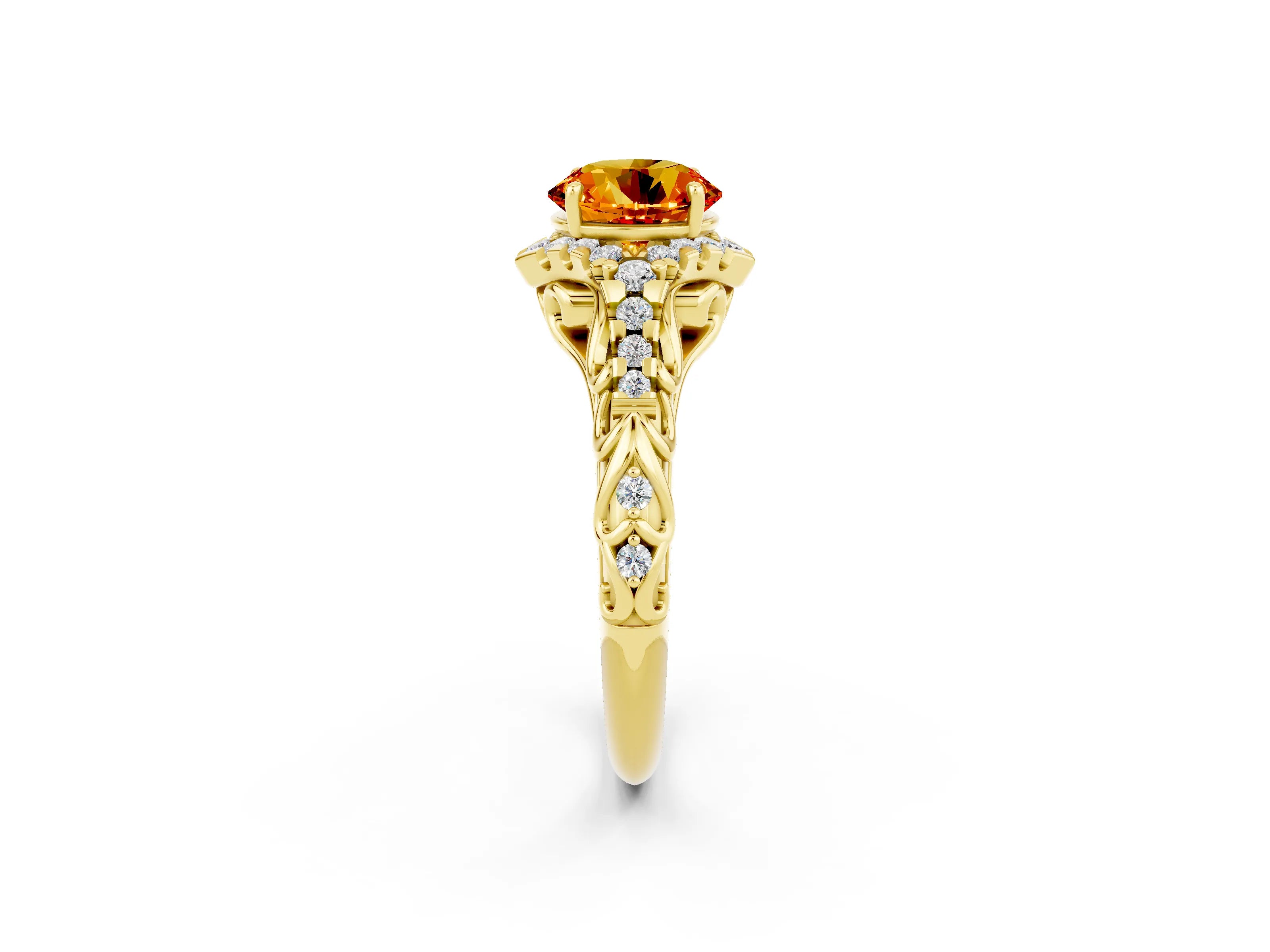 Yellow gold Round Cut Citrine Solitaire Ring with Hidden Halo and Pavé Band_14