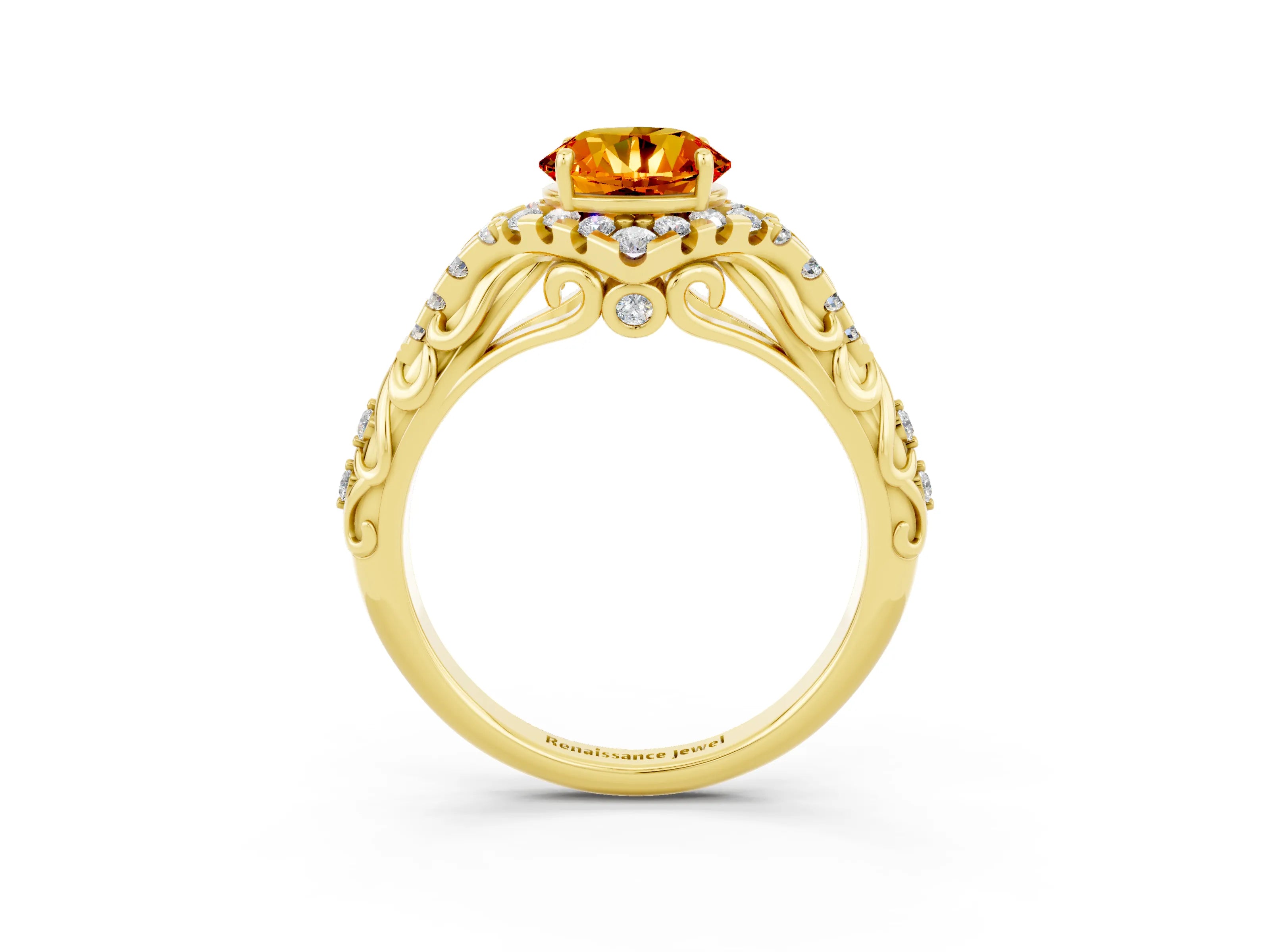 Yellow gold Round Cut Citrine Solitaire Ring with Hidden Halo and Pavé Band_15