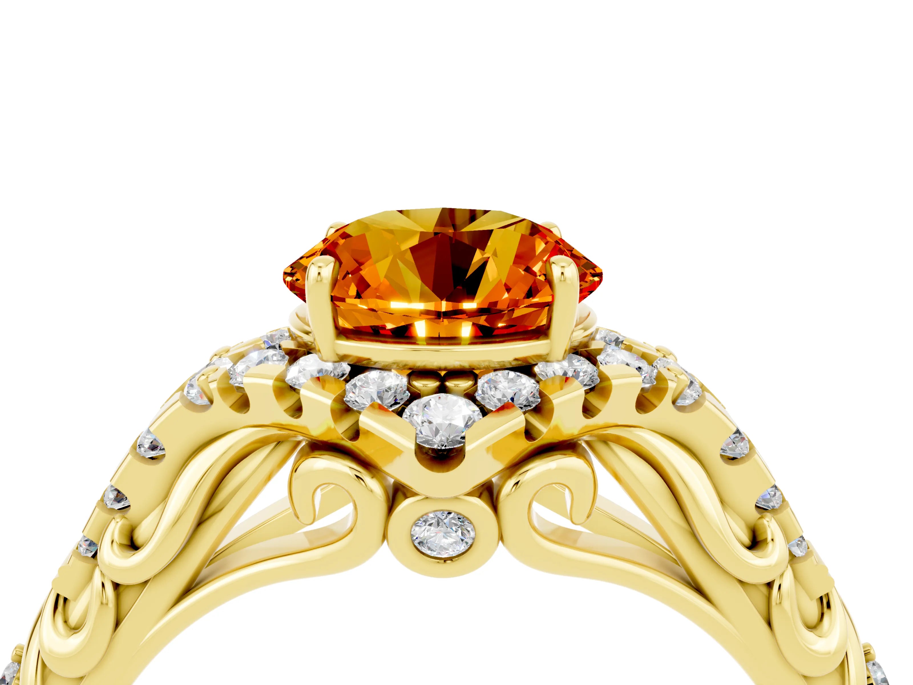 Yellow gold Round Cut Citrine Solitaire Ring with Hidden Halo and Pavé Band_16