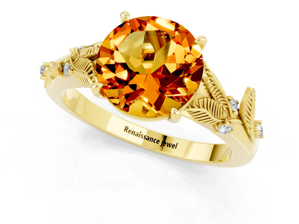 Yellow gold Round Cut Citrine Solitaire Ring with Leaf Motif Band and Four-Prong Setting