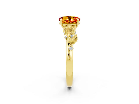 Yellow gold Round Cut Citrine Solitaire Ring with Leaf Motif Band and Four-Prong Setting_2