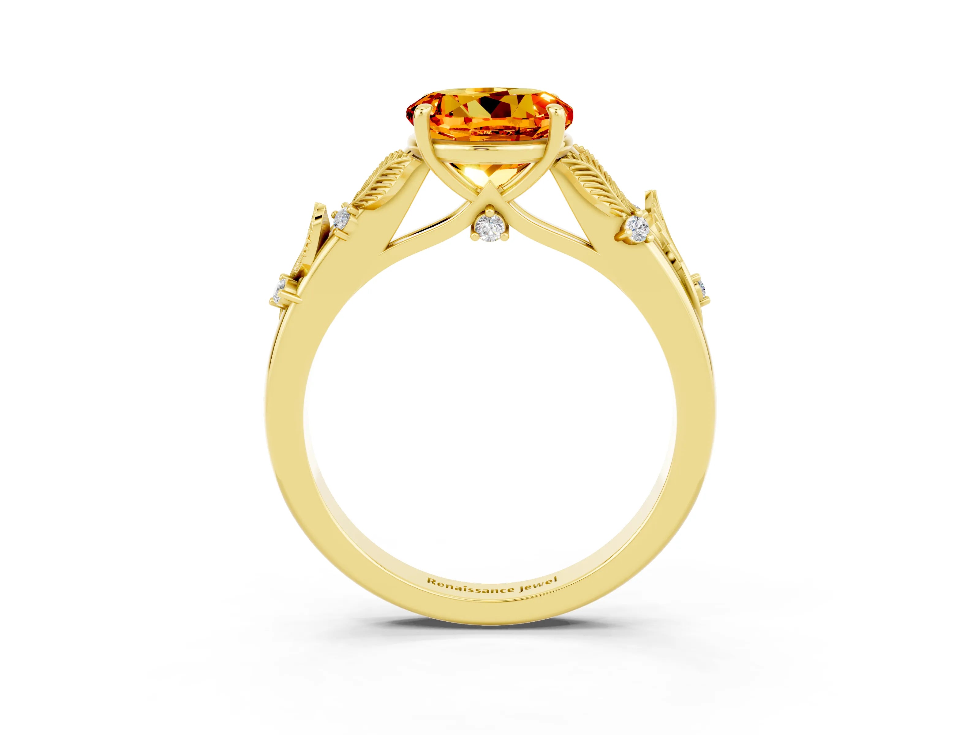 Yellow gold Round Cut Citrine Solitaire Ring with Leaf Motif Band and Four-Prong Setting_3