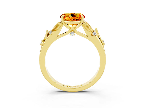 Yellow gold Round Cut Citrine Solitaire Ring with Leaf Motif Band and Four-Prong Setting