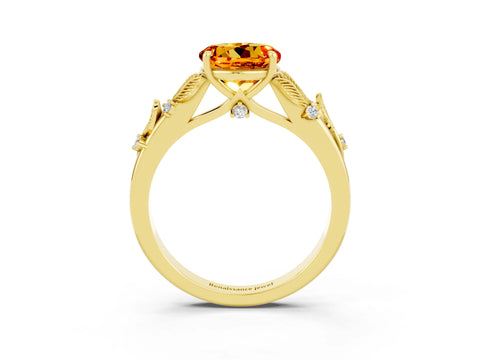 Yellow gold Round Cut Citrine Solitaire Ring with Leaf Motif Band and Four-Prong Setting_3