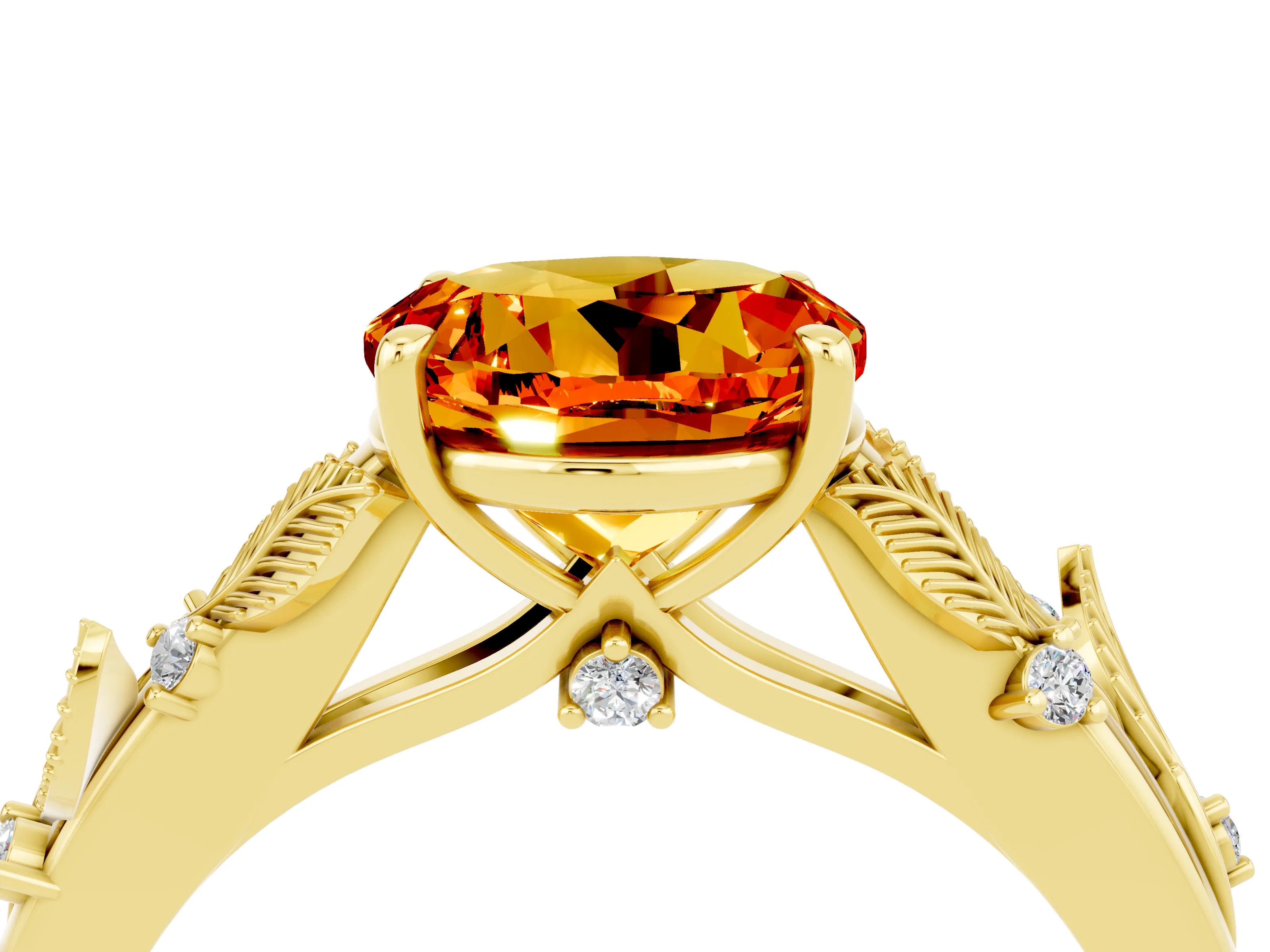 Yellow gold Round Cut Citrine Solitaire Ring with Leaf Motif Band and Four-Prong Setting_4