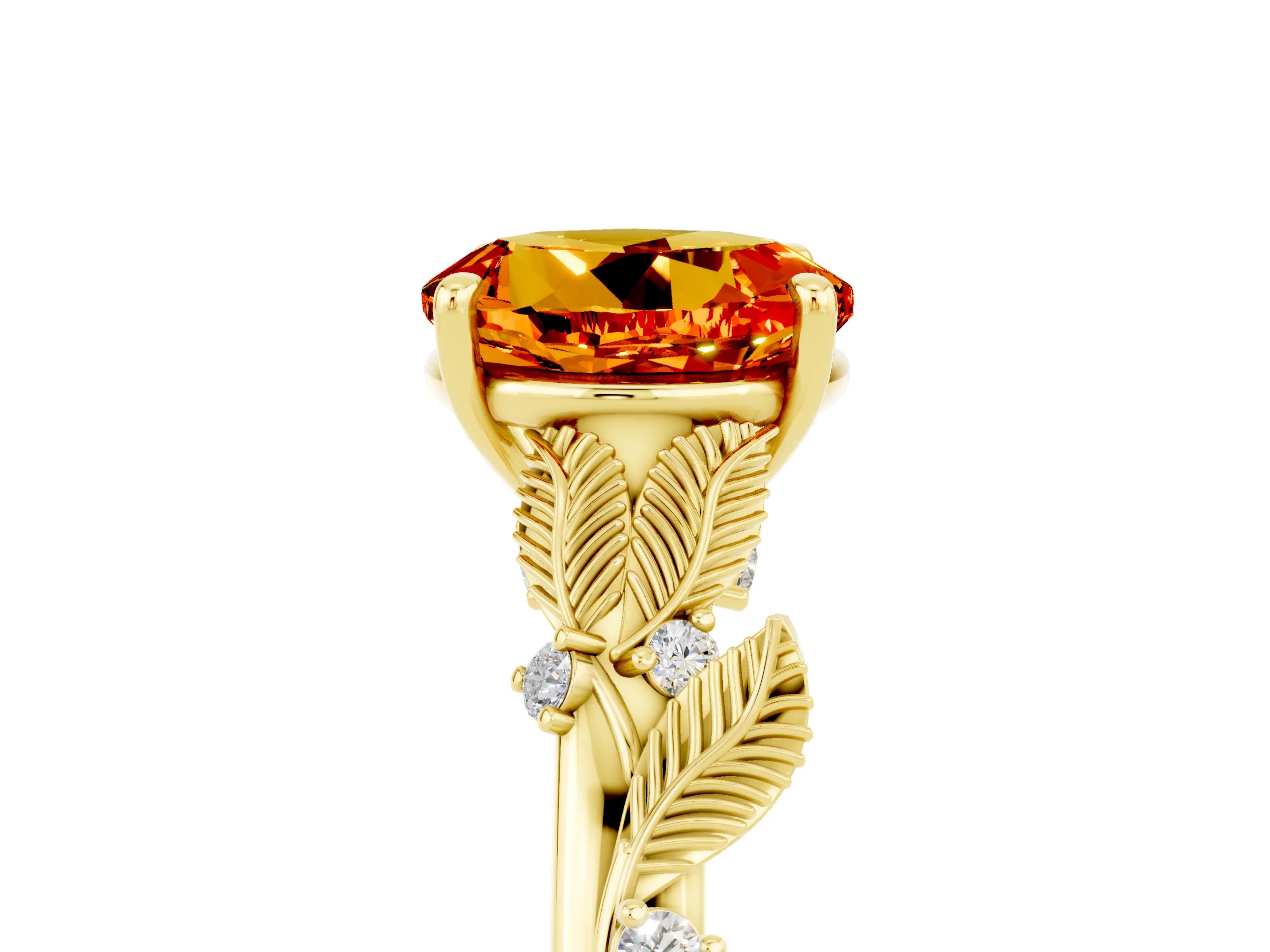 Yellow gold Round Cut Citrine Solitaire Ring with Leaf Motif Band and Four-Prong Setting_5