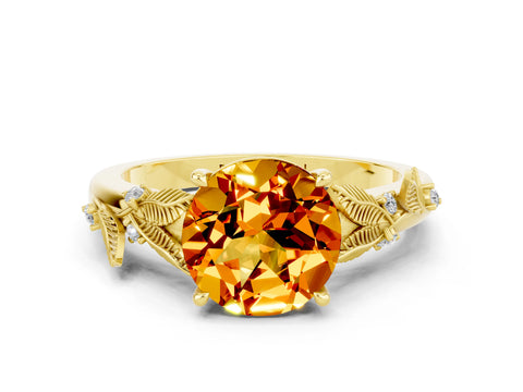 Yellow gold Round Cut Citrine Solitaire Ring with Leaf Motif Band and Four-Prong Setting