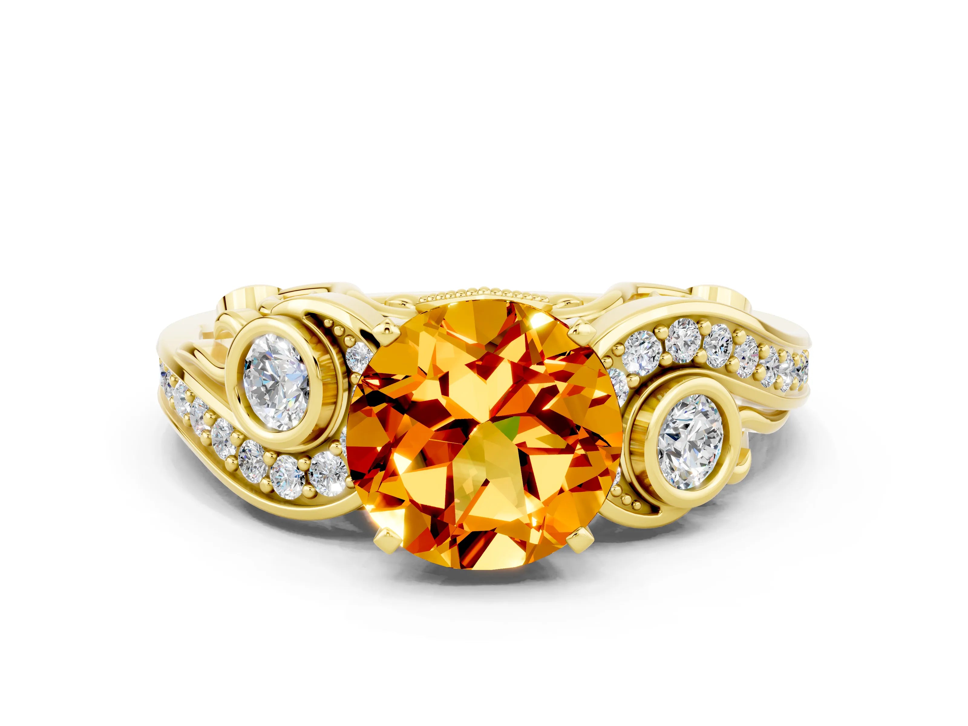 Yellow gold Round Cut Citrine Solitaire Ring with Milgrain Pavé Band and Four-Prong Setting_24