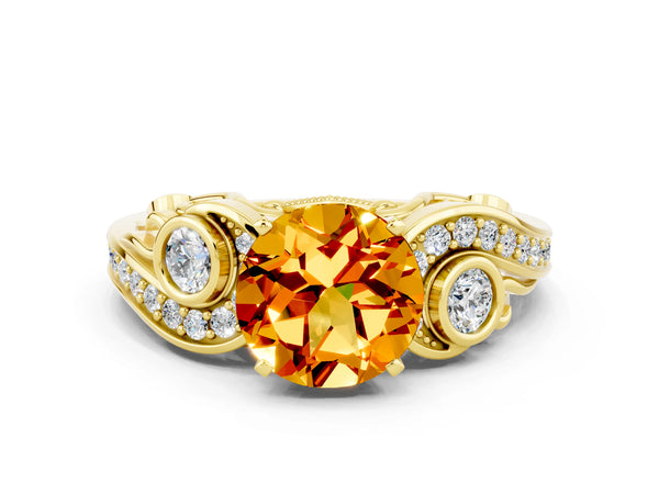 Yellow gold Round Cut Citrine Solitaire Ring with Milgrain Pavé Band and Four-Prong Setting