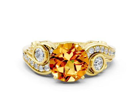 Yellow gold Round Cut Citrine Solitaire Ring with Milgrain Pavé Band and Four-Prong Setting_24