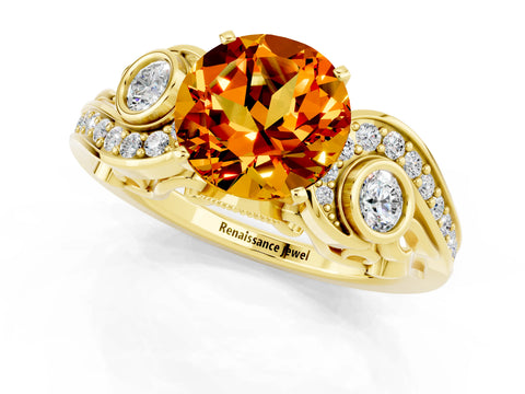 Yellow gold Round Cut Citrine Solitaire Ring with Milgrain Pavé Band and Four-Prong Setting_25