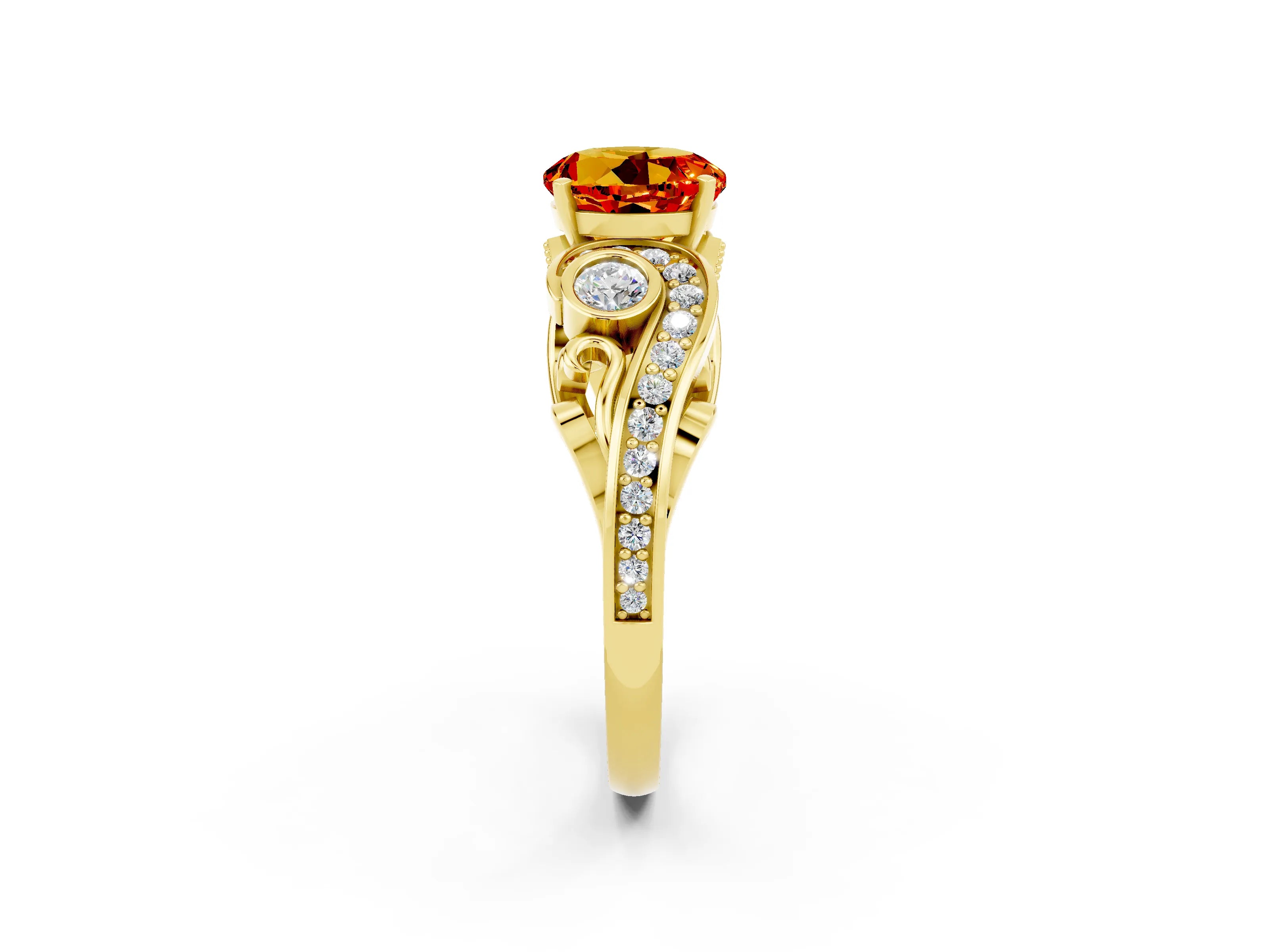Yellow gold Round Cut Citrine Solitaire Ring with Milgrain Pavé Band and Four-Prong Setting_26