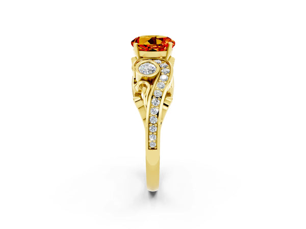 Yellow gold Round Cut Citrine Solitaire Ring with Milgrain Pavé Band and Four-Prong Setting