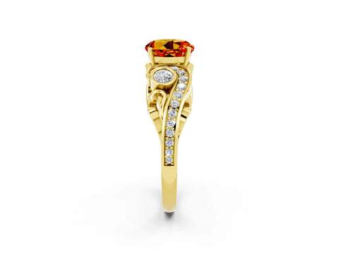 Yellow gold Round Cut Citrine Solitaire Ring with Milgrain Pavé Band and Four-Prong Setting_26
