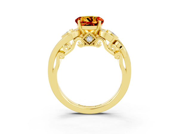 Yellow gold Round Cut Citrine Solitaire Ring with Milgrain Pavé Band and Four-Prong Setting