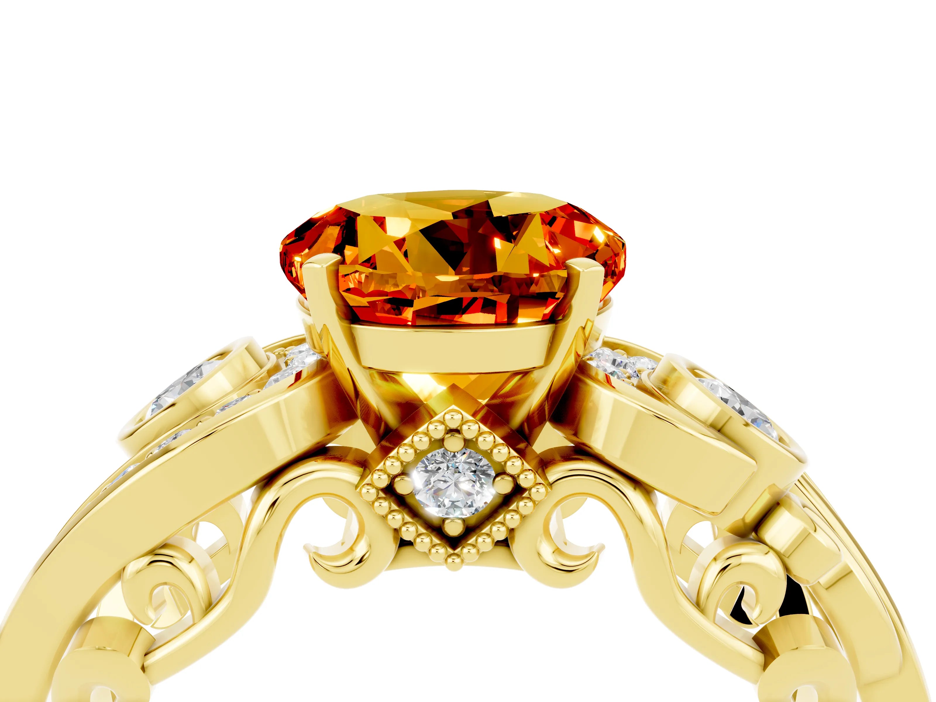 Yellow gold Round Cut Citrine Solitaire Ring with Milgrain Pavé Band and Four-Prong Setting_28