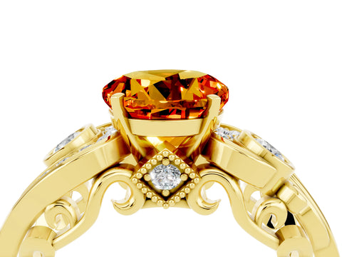 Yellow gold Round Cut Citrine Solitaire Ring with Milgrain Pavé Band and Four-Prong Setting_28