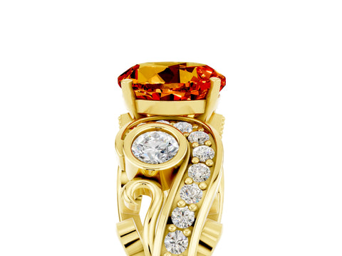 Yellow gold Round Cut Citrine Solitaire Ring with Milgrain Pavé Band and Four-Prong Setting_29