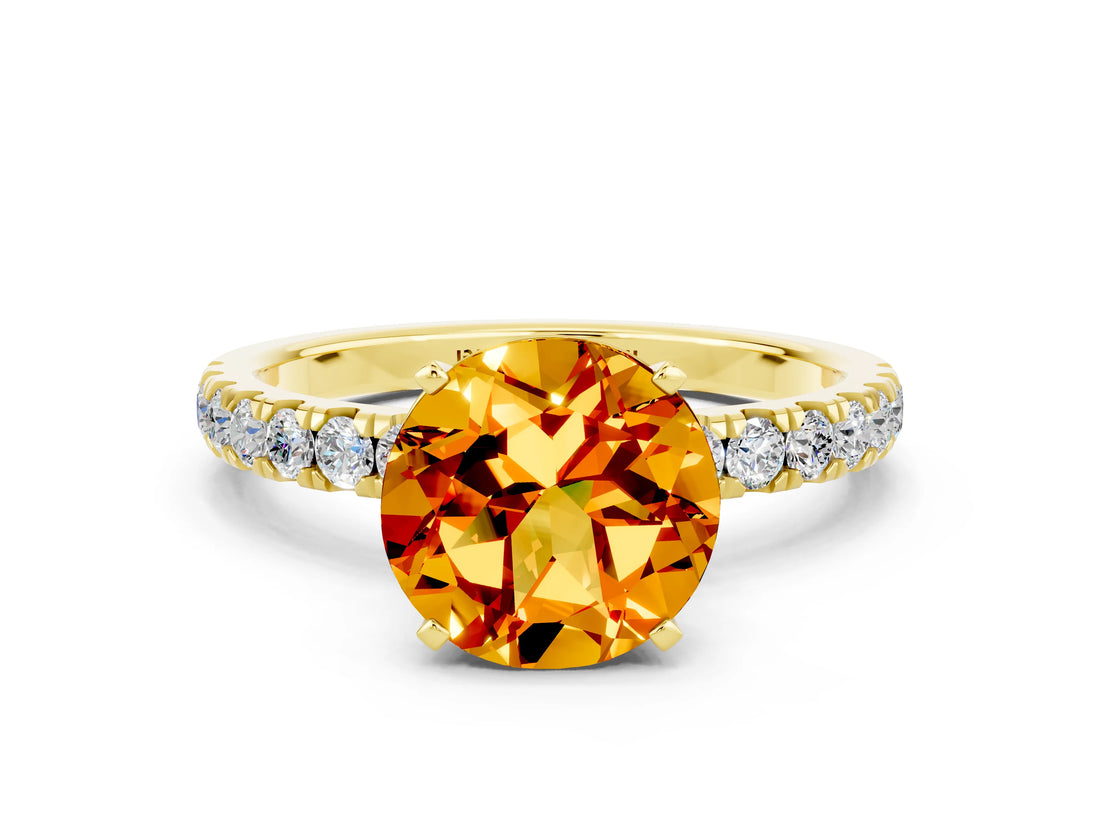 Yellow gold Round Cut Citrine Solitaire Ring with Pavé Accents and Four-Prong Setting
