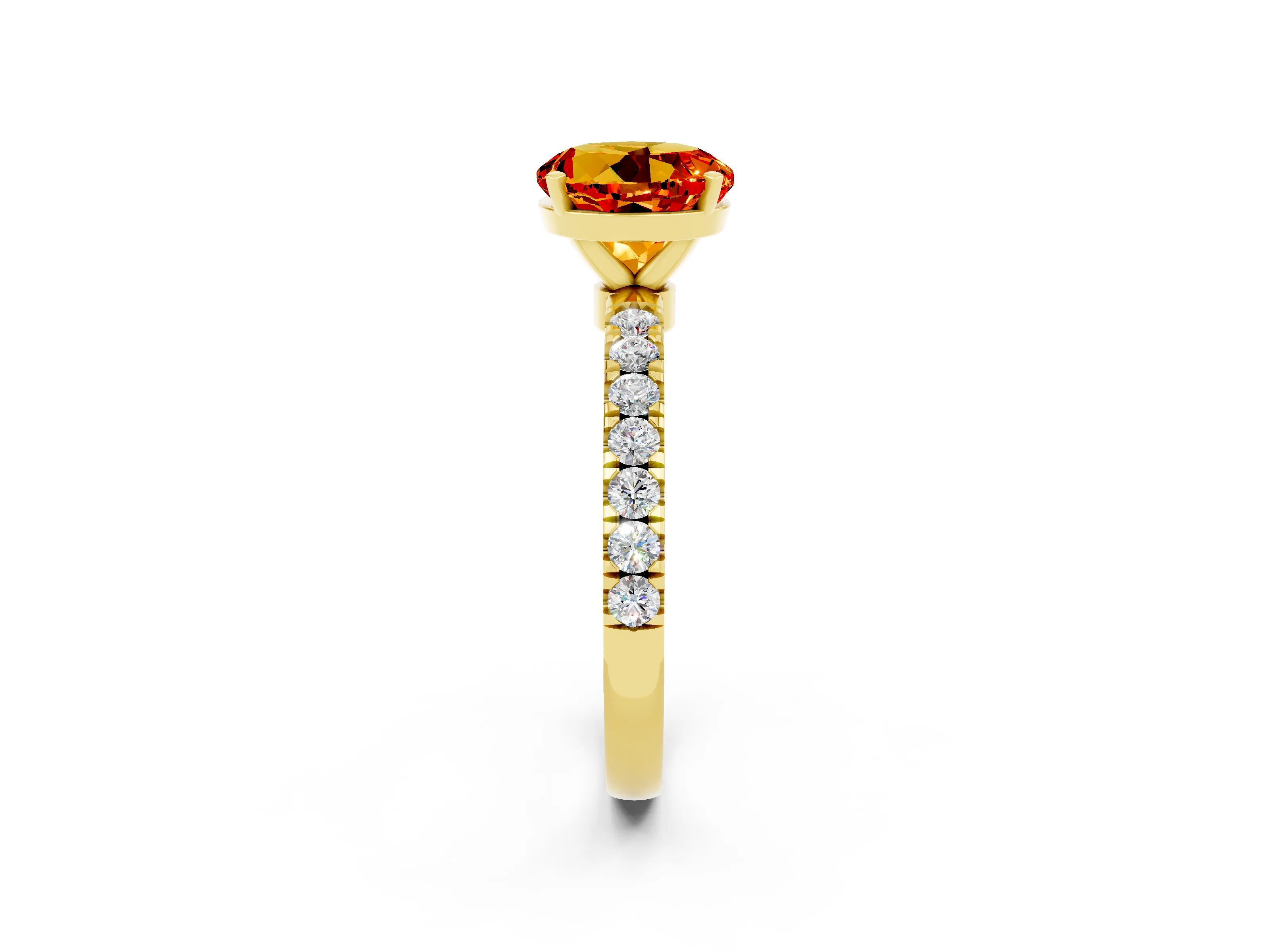 Yellow gold Round Cut Citrine Solitaire Ring with Pavé Accents and Four-Prong Setting_2