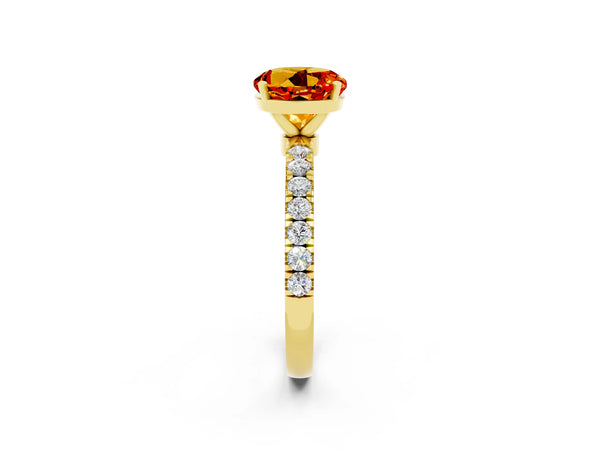 Yellow gold Round Cut Citrine Solitaire Ring with Pavé Accents and Four-Prong Setting
