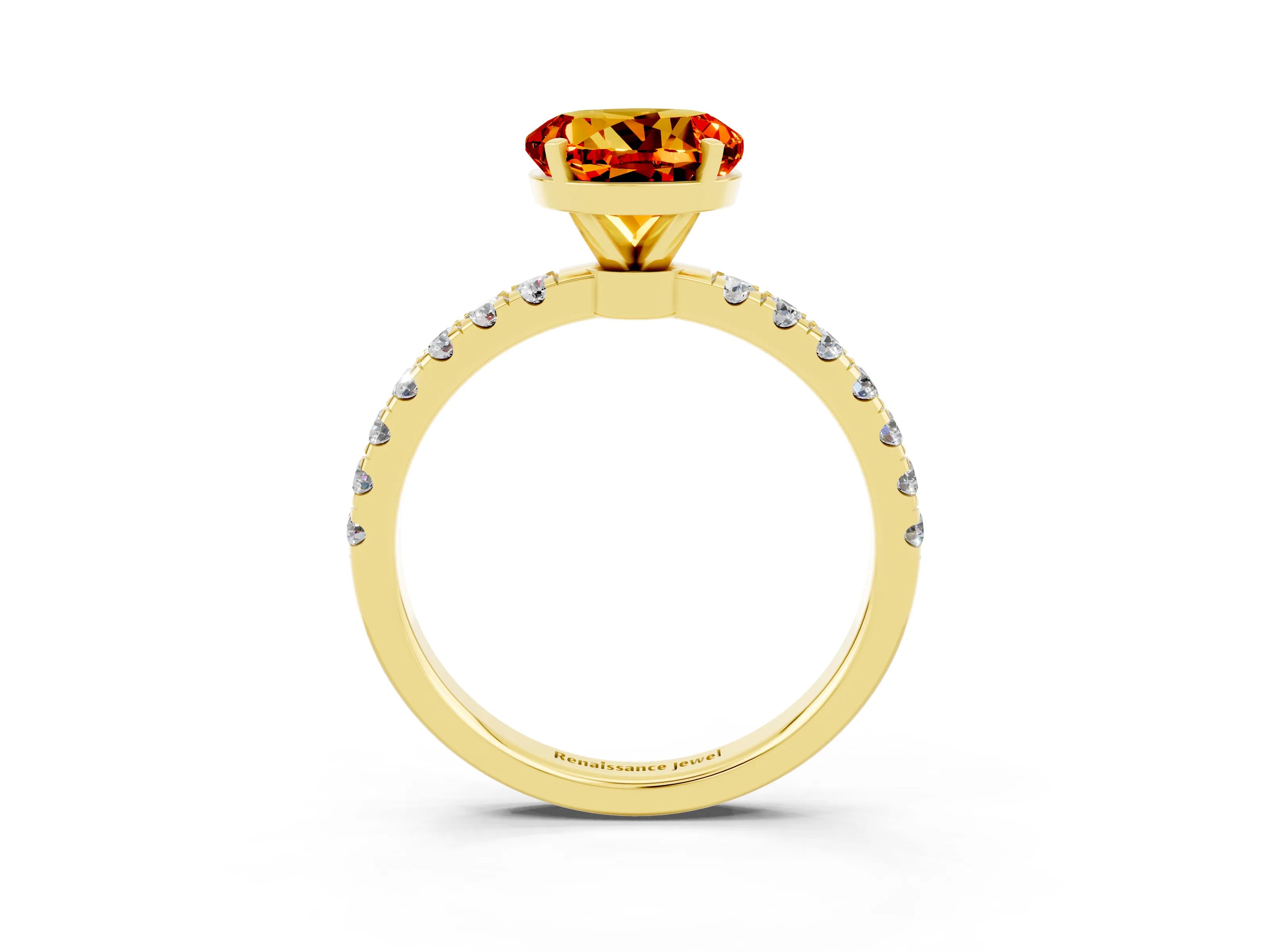Yellow gold Round Cut Citrine Solitaire Ring with Pavé Accents and Four-Prong Setting_3