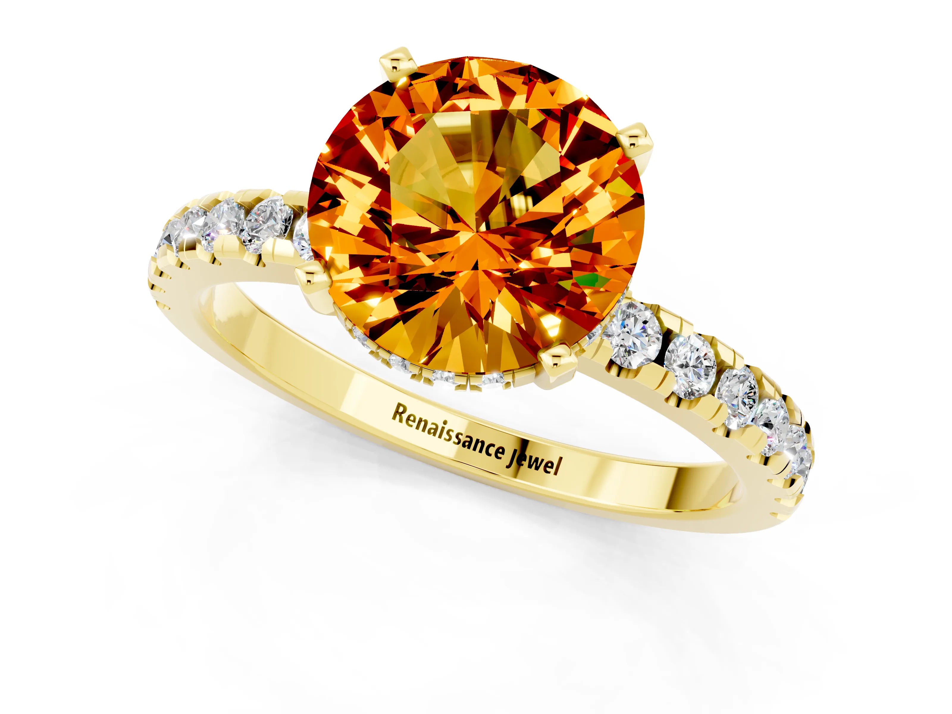 Yellow gold Round Cut Citrine Solitaire Ring with Pavé Band and Four-Prong Setting_25