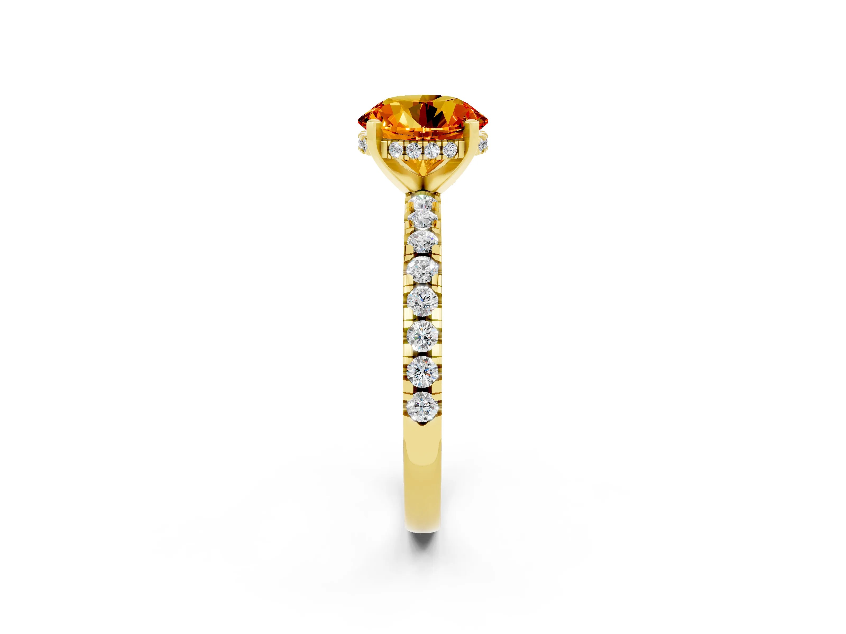 Yellow gold Round Cut Citrine Solitaire Ring with Pavé Band and Four-Prong Setting_26