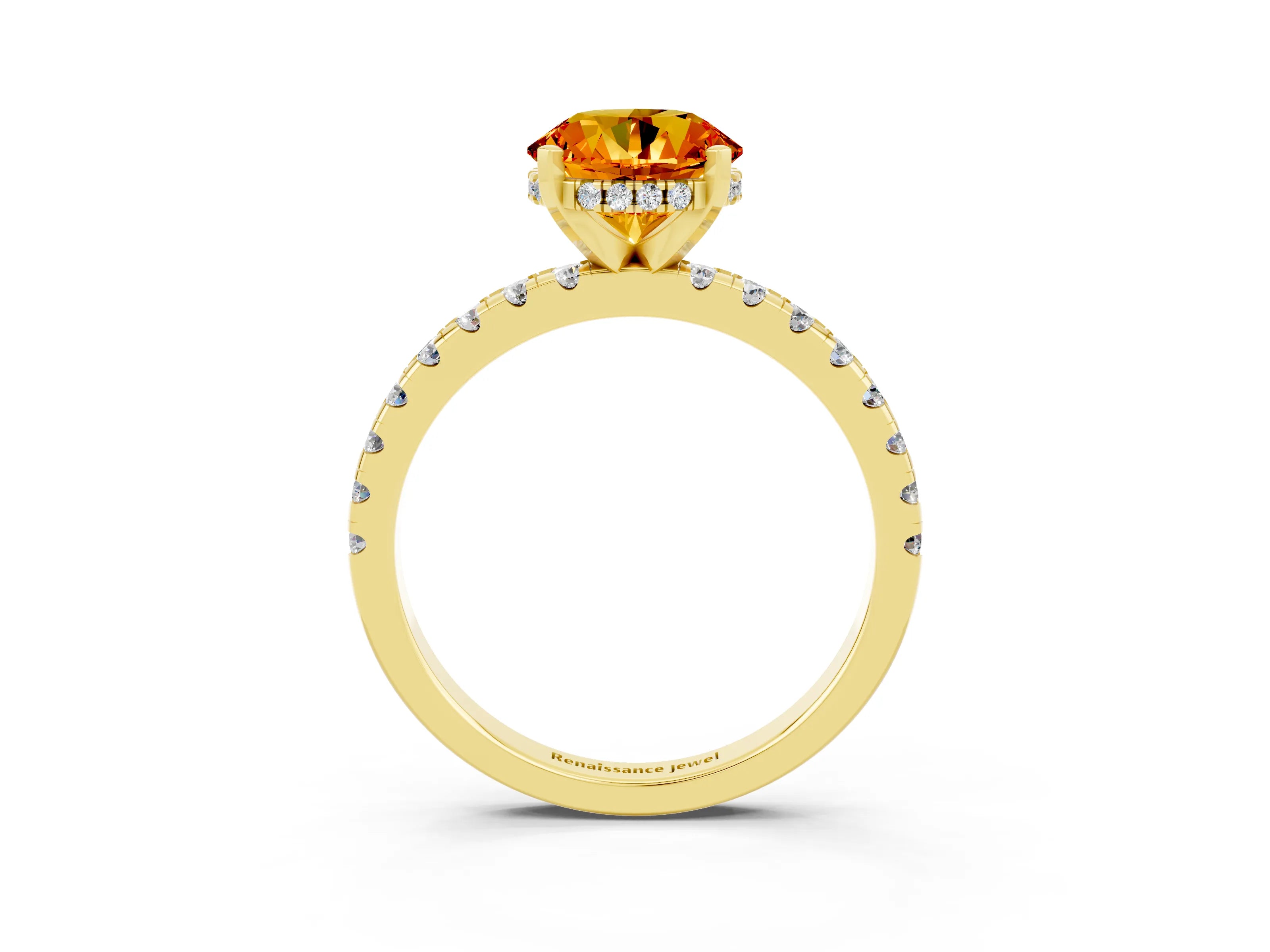 Yellow gold Round Cut Citrine Solitaire Ring with Pavé Band and Four-Prong Setting_27