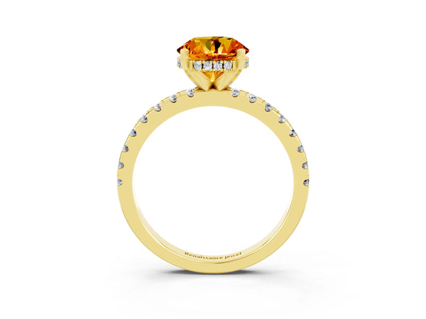 Yellow gold Round Cut Citrine Solitaire Ring with Round  Pavé Band and Four-Prong Setting