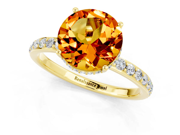 Yellow gold Round Cut Citrine Solitaire Ring with Pavé Band and Hidden Halo