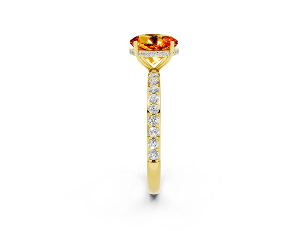 Yellow gold Round Cut Citrine Solitaire Ring with Pavé Band and Hidden Halo