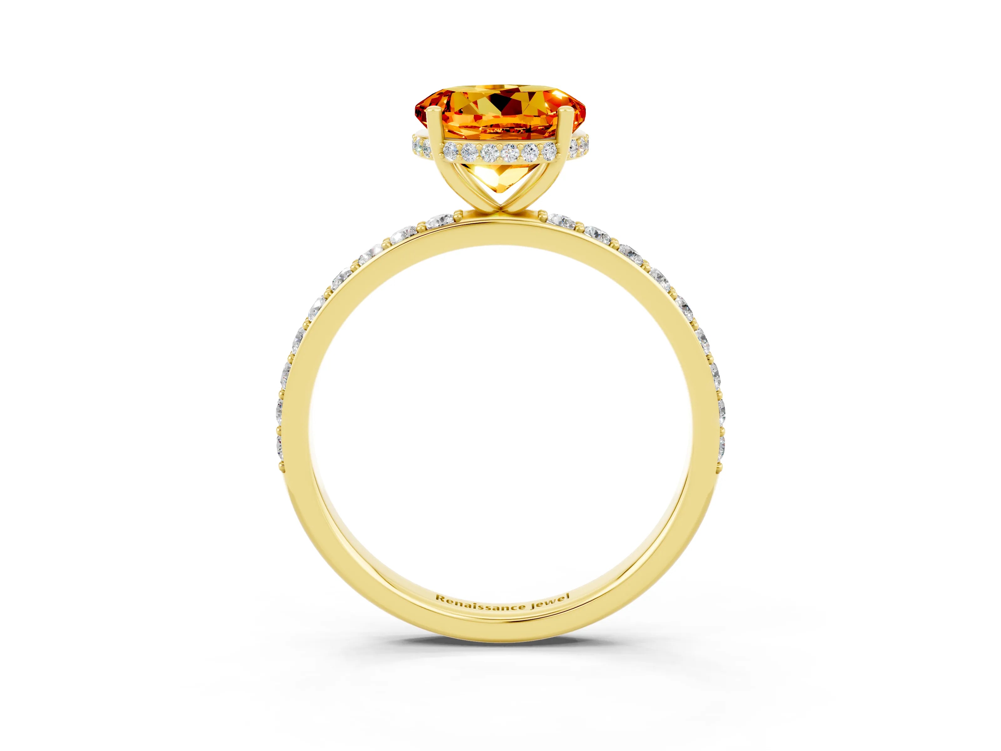 Yellow gold Round Cut Citrine Solitaire Ring with Pavé Band and Hidden Halo_15