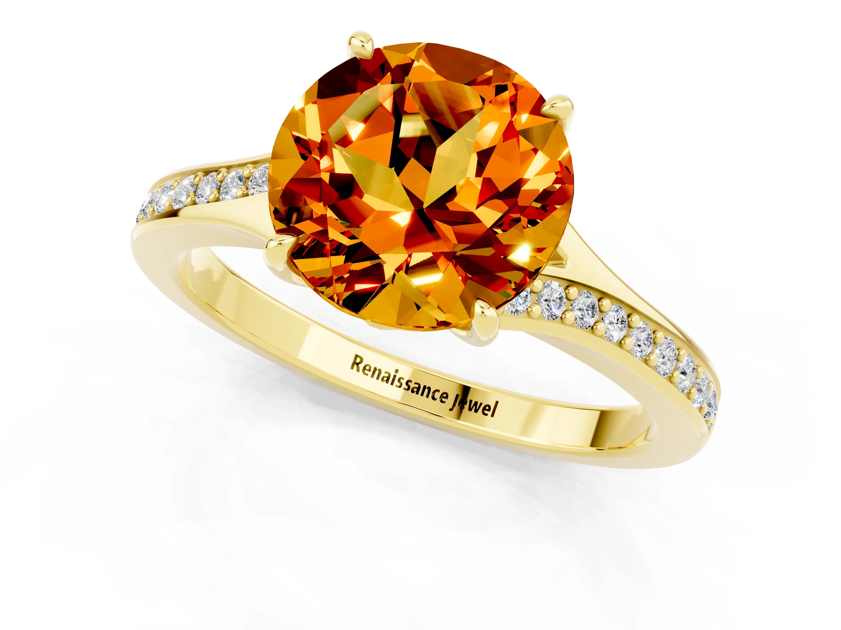 Yellow gold Round Cut Citrine Solitaire Ring with Pavé Band and Prong Setting_1