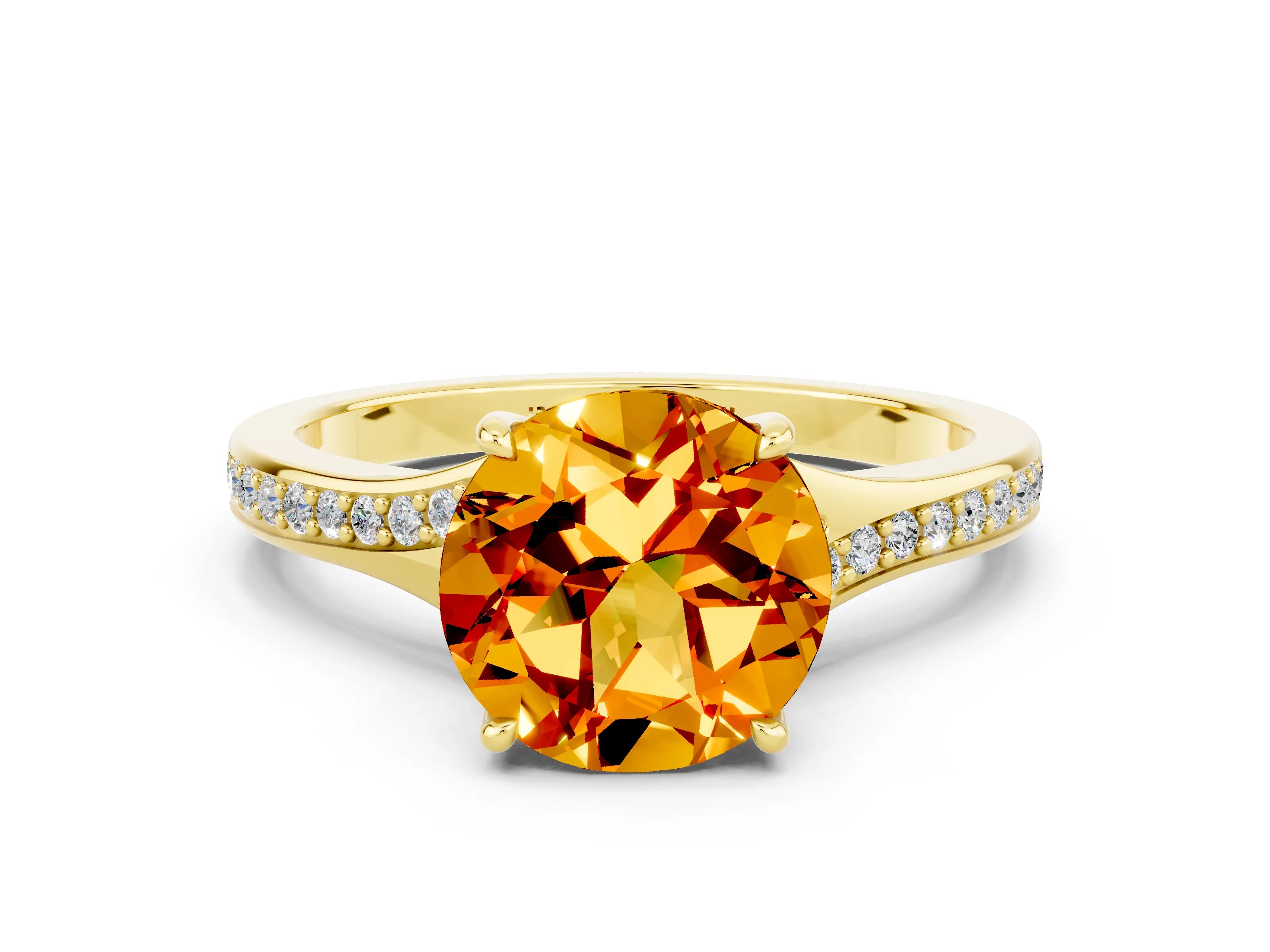 Yellow gold Round Cut Citrine Solitaire Ring with Pavé Band and Prong Setting_12