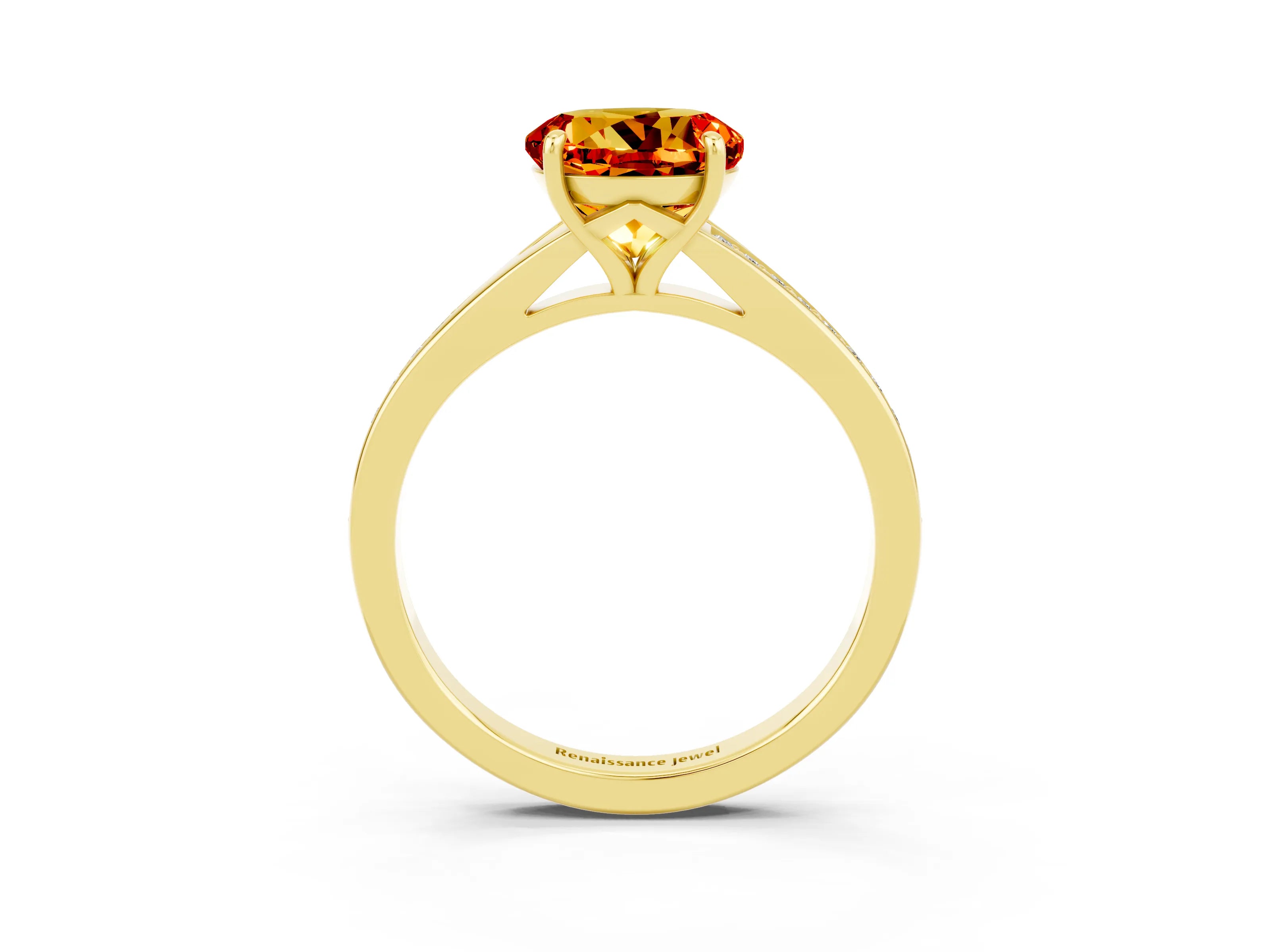 Yellow gold Round Cut Citrine Solitaire Ring with Pavé Band and Prong Setting_15