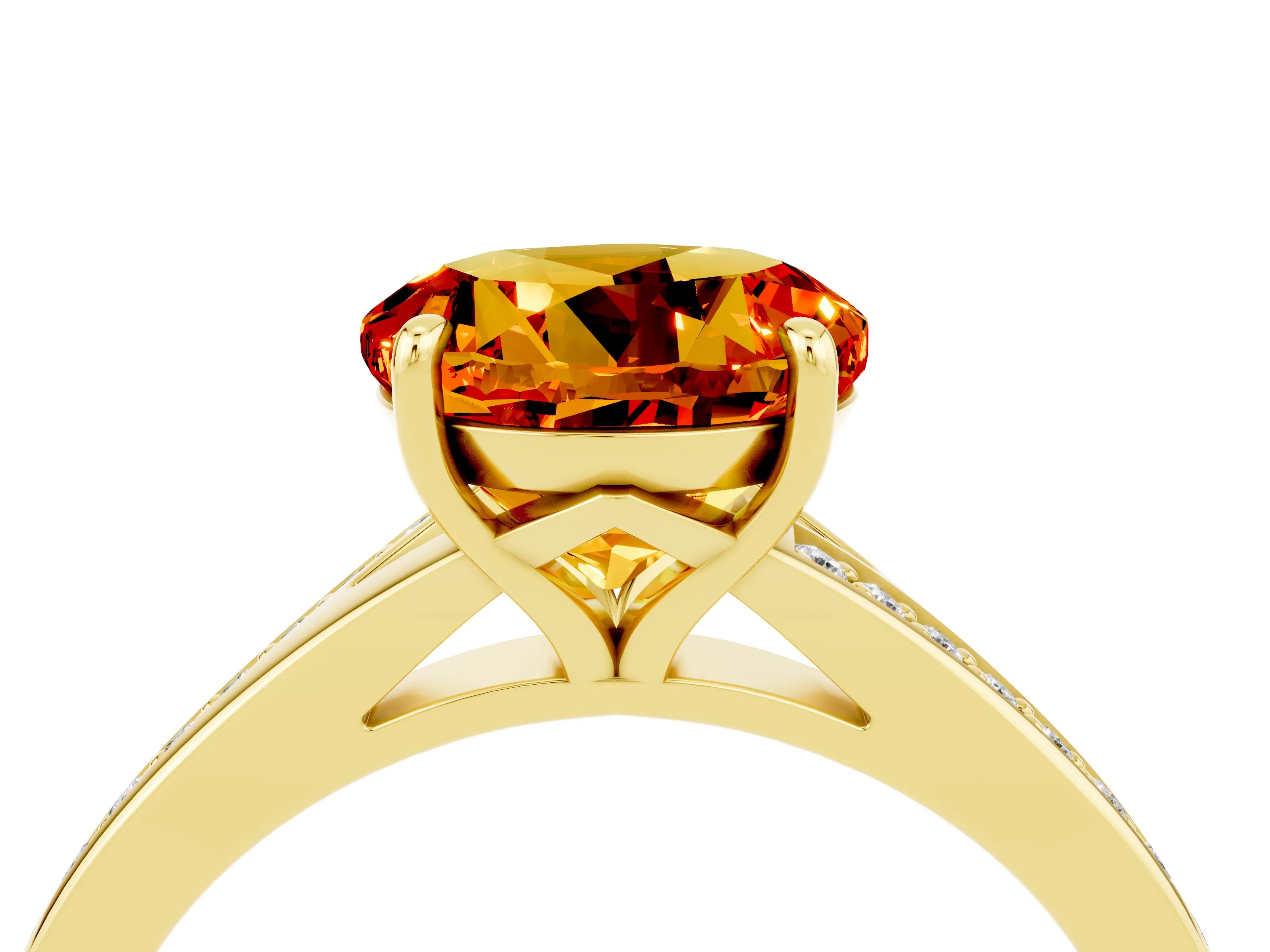Yellow gold Round Cut Citrine Solitaire Ring with Pavé Band and Prong Setting_16