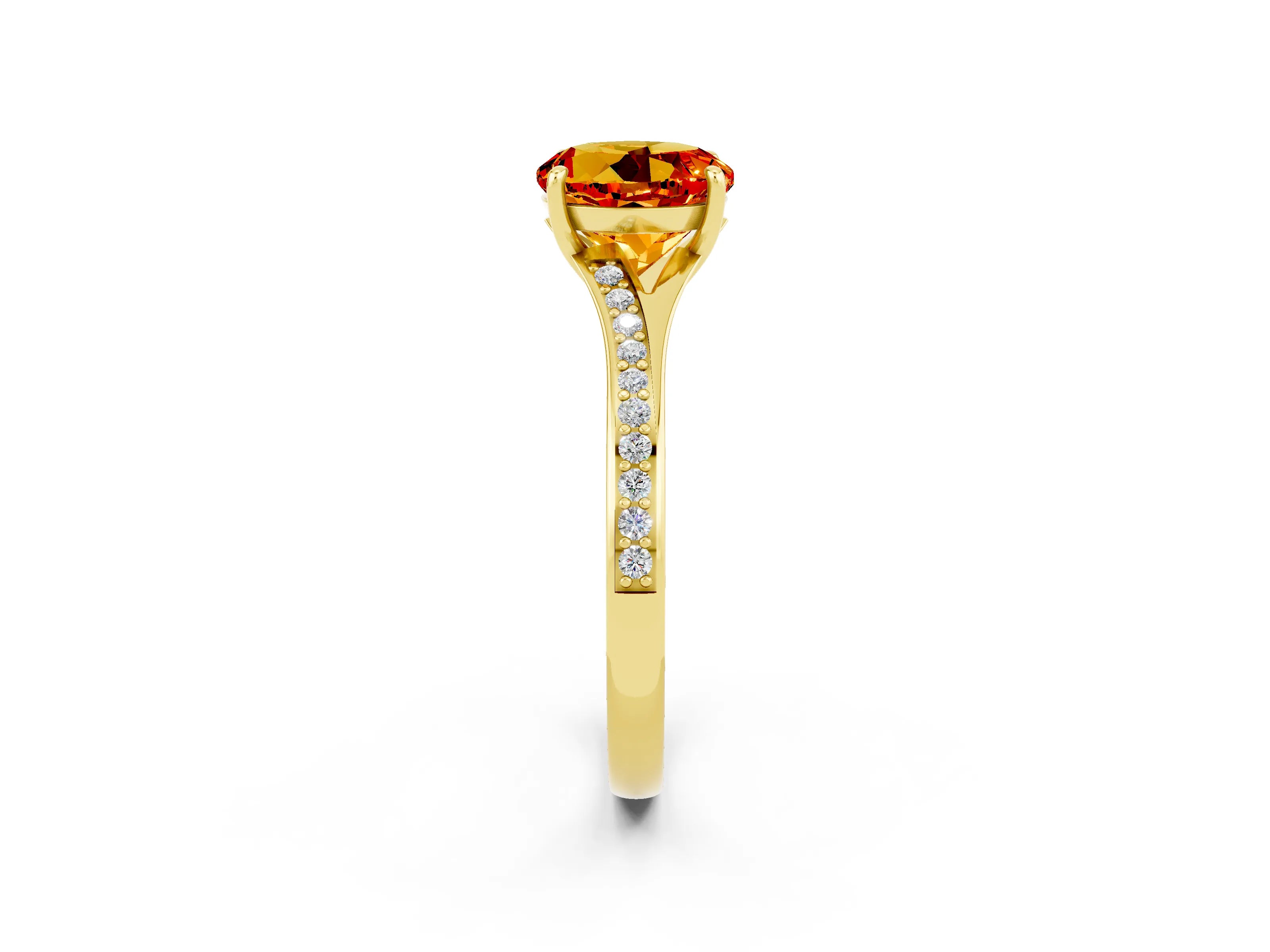 Yellow gold Round Cut Citrine Solitaire Ring with Pavé Band and Prong Setting_2