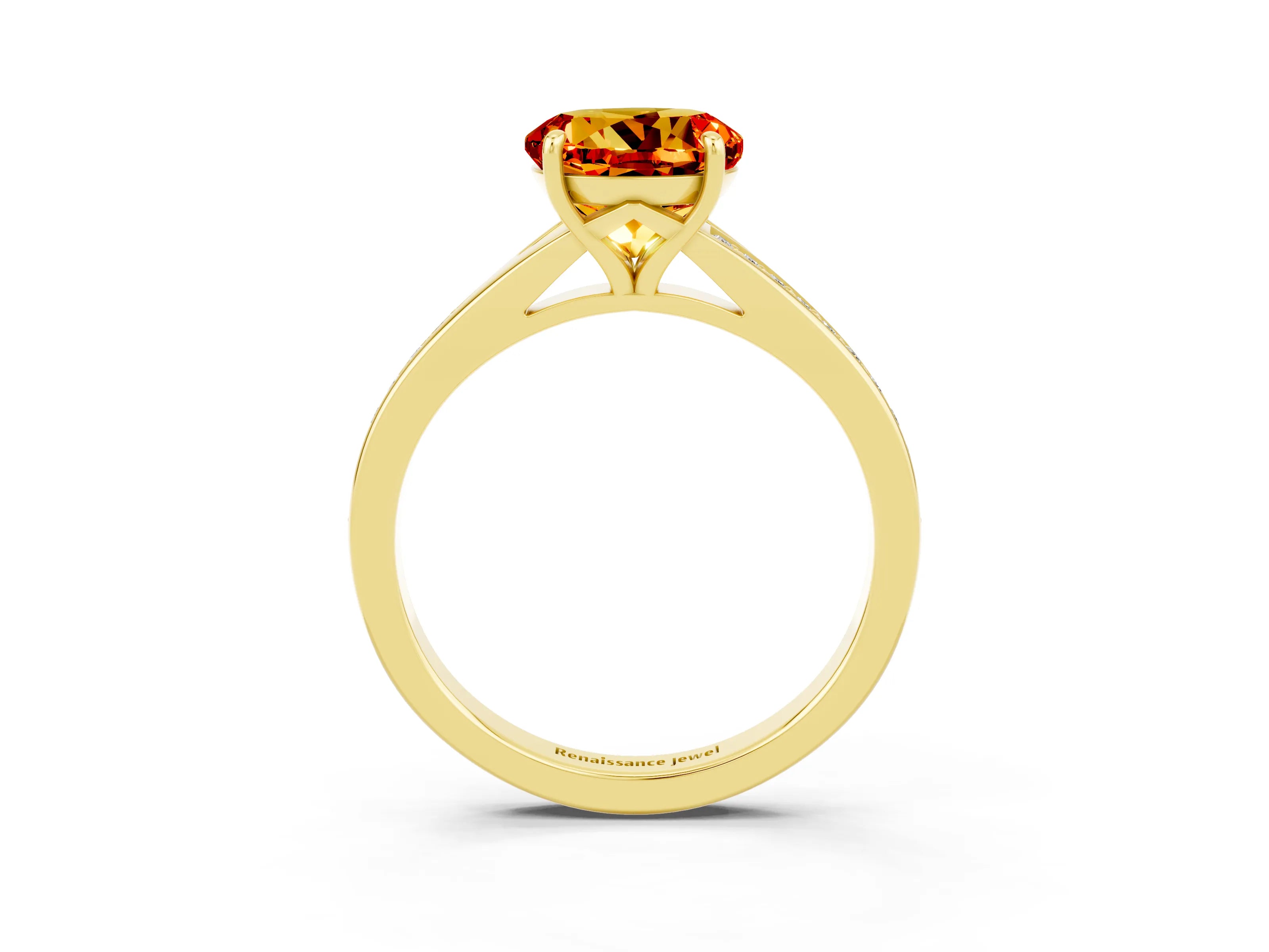 Yellow gold Round Cut Citrine Solitaire Ring with Pavé Band and Prong Setting_3