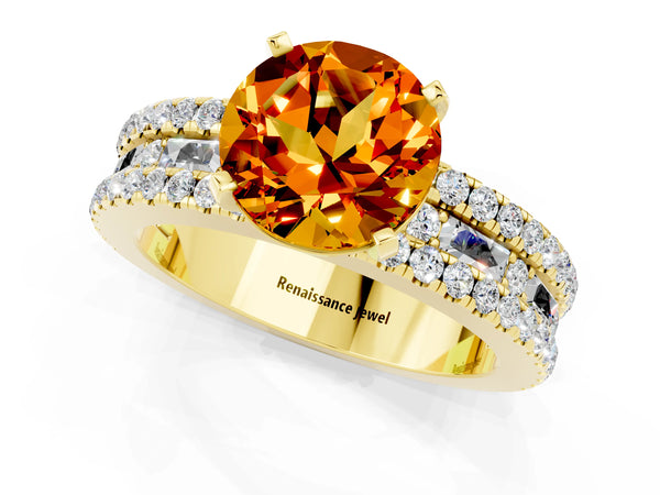 Yellow gold Round Cut Citrine Solitaire Ring with Pavé and Channel Set Band