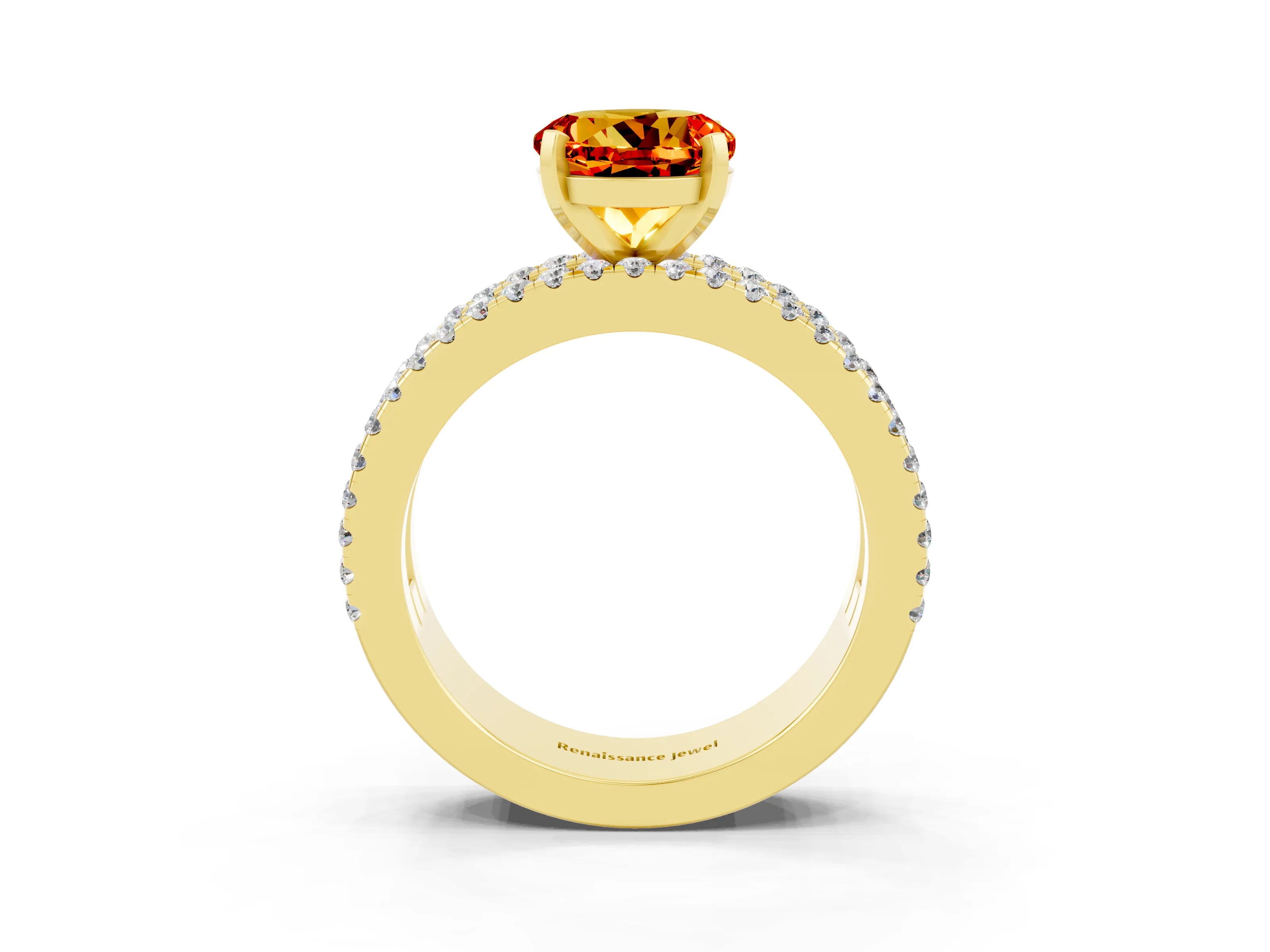 Yellow gold Round Cut Citrine Solitaire Ring with Pavé and Channel Set Band_3