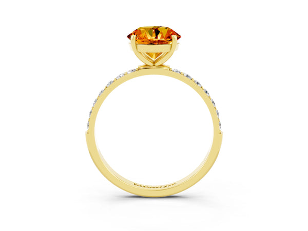 Yellow gold Round Cut Citrine Solitaire Ring with Round  Pavé Band and Prong Setting