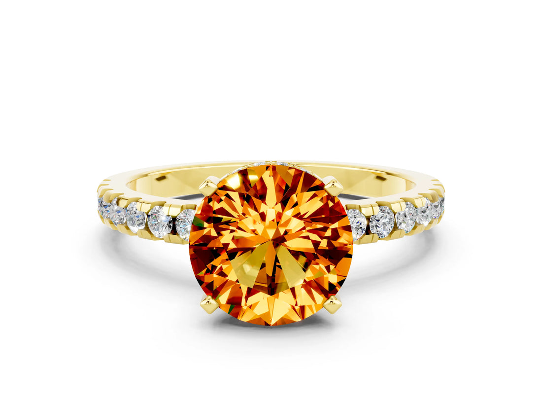 Yellow gold Round Cut Citrine Solitaire Ring with Round  Pavé Band and Four-Prong Setting_36