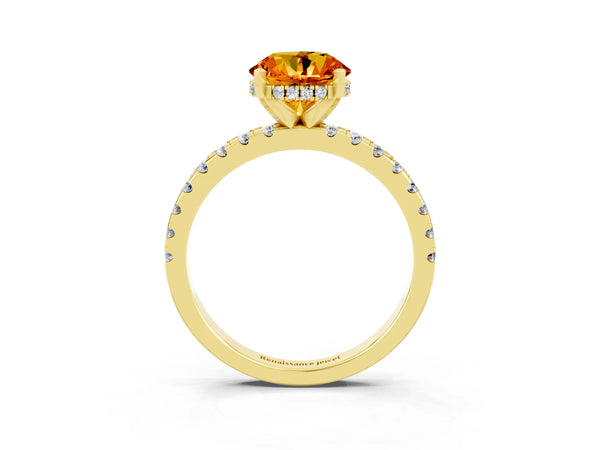 Yellow Gold Round Citrine Hidden Halo Engagement Ring with Pave Band