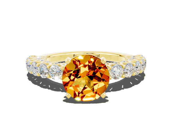 Yellow gold Round Cut Citrine Solitaire Ring with Shared Prong Pavé Band and Four-Prong Setting