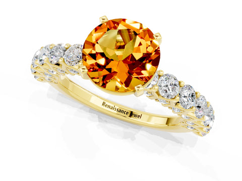 Yellow gold Round Cut Citrine Solitaire Ring with Shared Prong Pavé Band and Four-Prong Setting_1