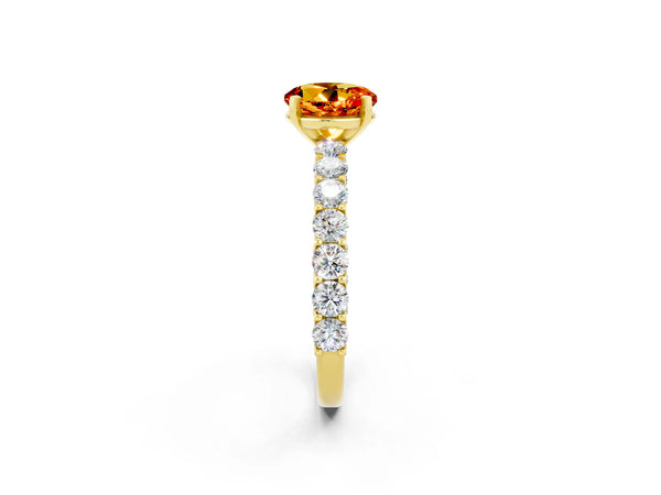 Yellow gold Round Cut Citrine Solitaire Ring with Shared Prong Pavé Band and Four-Prong Setting